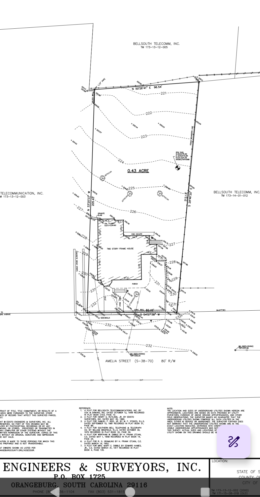 Property survey for 1533 Amelia Street